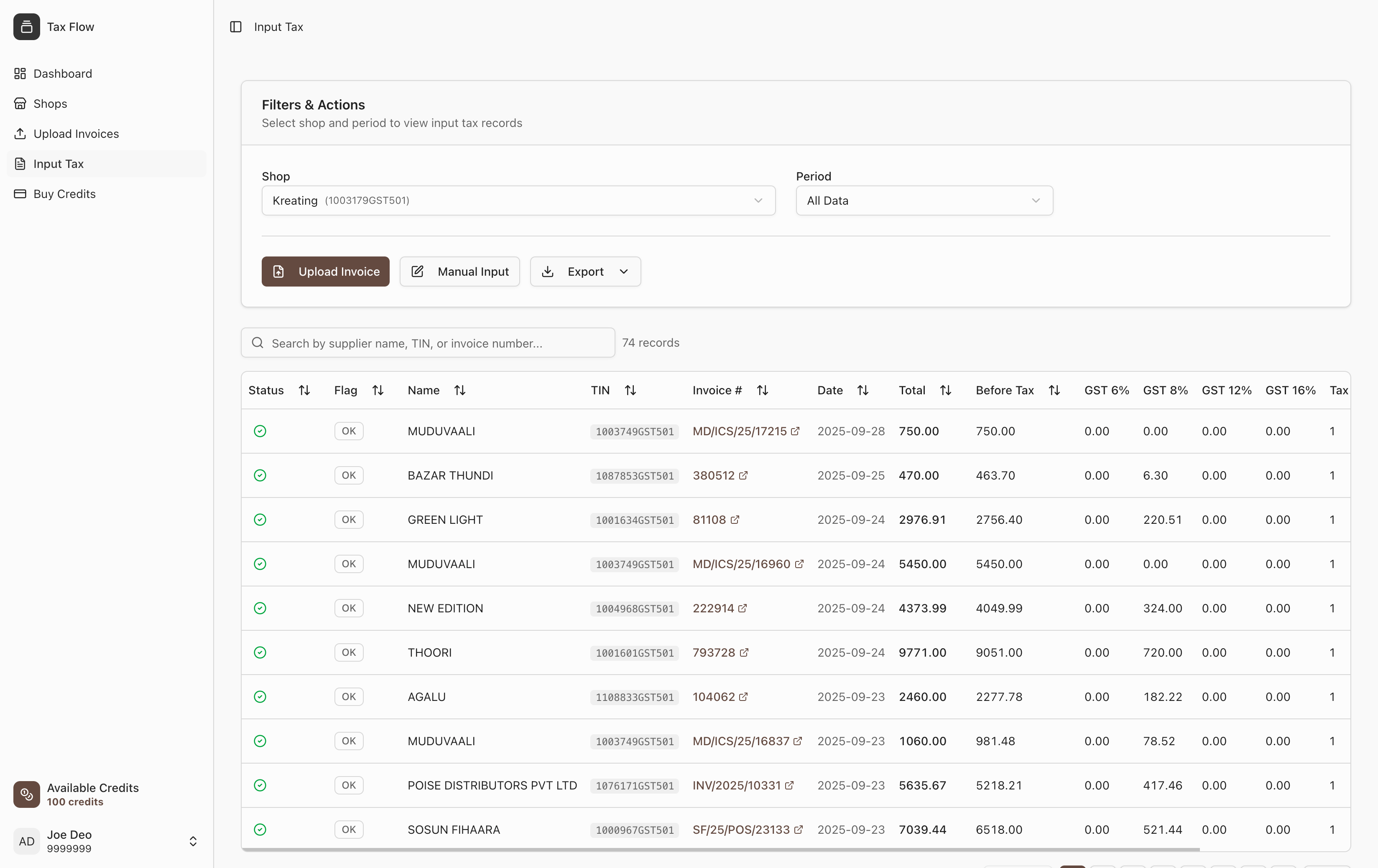 Input Tax Management Dashboard - MIRA-compliant tracking interface